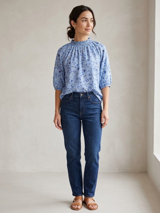 LOFT Tops - LOFT Blue Botanical Smocked Neck Puff Sleeve Top Small Summer Boho Chic Casual
